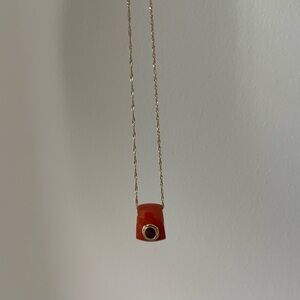 14k Gold Chain Necklace with Orange Carnelian Garnet and 14k Gild Pendant